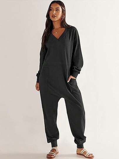 Women Plus Size Casual Solid V-Neck Long Sleeve Jumpsuits, Autumn Spring