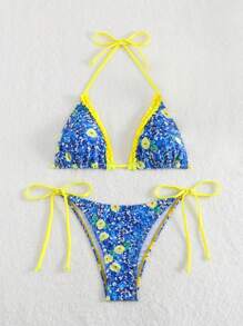 Swim Mod Summer Beach Women's Swimwear Set With Frill Edge Flower Printed Tie Side Halter Bikini Top And Bottom, Two Piece Swimwear - Multicolor - View 5