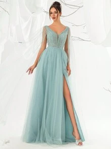 VIPGIRL Vestido largo de noche elegante y formal para mujer con malla con lentejuelas estilo hada, con abertura alta, para graduación, cena - Azul - Ver 1