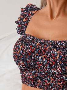 SHEIN Swim 夏季沙灘女性花卉印花荷葉邊Cami比基尼套裝及Tankini套裝