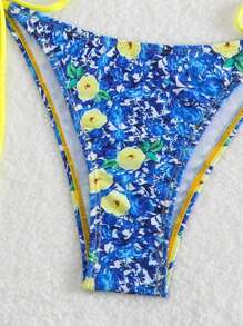 Swim Mod Summer Beach Women's Swimwear Set With Frill Edge Flower Printed Tie Side Halter Bikini Top And Bottom, Two Piece Swimwear - Multicolor - View 4