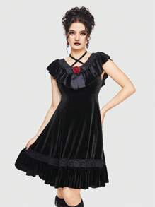 ROMWE Women's Gothic Style Velvet Dress With Ruffled Neckline And Hem - Black - View 7