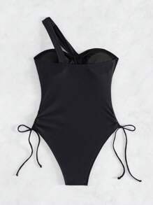 Swim Lushoire Summer Beach One Shoulder Hollow Out Drawstring Side Swimsuit - Black - View 3