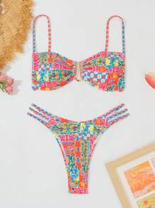 Swim Mod Summer Beach Ladies' Full Print Hollow Out Side Split Two Pieces Bikini Set Carnival - Multicolor - View 1