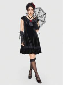 ROMWE Women's Gothic Style Velvet Dress With Ruffled Neckline And Hem - Black - View 2