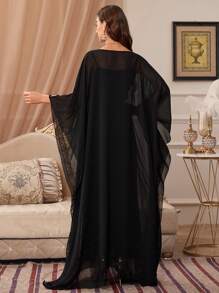 Sequin Embroidered Floral Trim Round Neck Batwing Sleeve Long Robe - Black - View 2