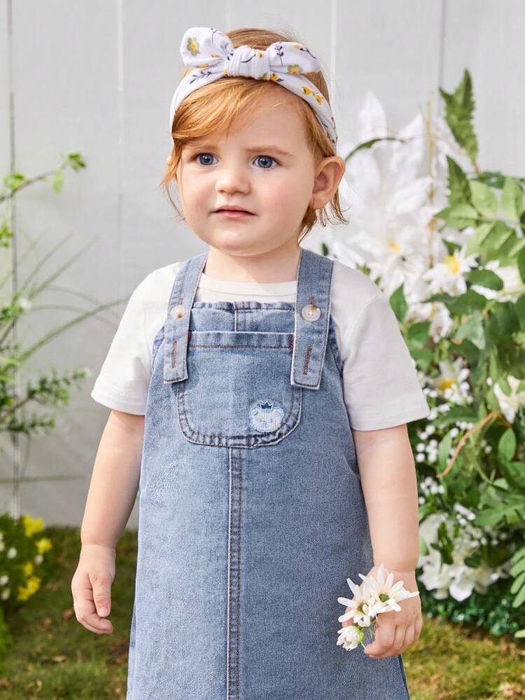 Baby Girl Basic Casual Denim Skirt With Cute Bear Embroidery, Adjustable Button Suspenders