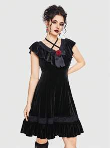 ROMWE Women's Gothic Style Velvet Dress With Ruffled Neckline And Hem - Black - View 5