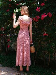 Women's Floral Printed Ruffle Trimmed Dress With Smocking Details, New Arrival For Summer - Pink - View 2