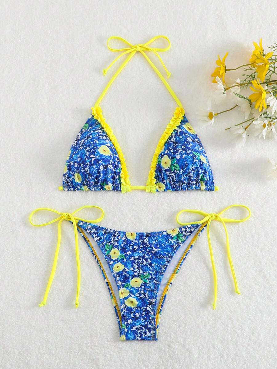 Swim Mod Summer Beach Women's Swimwear Set With Frill Edge Flower Printed Tie Side Halter Bikini Top And Bottom, Two Piece Swimwear - Multicolor - View 1