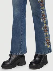 ROMWE Goth Women's Embroidered Flare Jeans - Grey - View 4