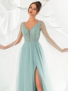 VIPGIRL Vestido largo de noche elegante y formal para mujer con malla con lentejuelas estilo hada, con abertura alta, para graduación, cena - Azul - Ver 5