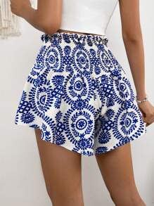 Breezaya Của phụ nữ In hoa Quần short dây kéo - Xanh và trắng - Xem 2