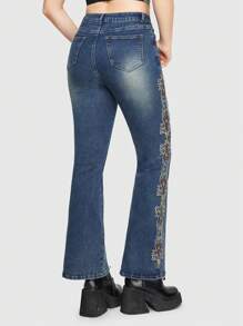 ROMWE Goth Women's Embroidered Flare Jeans - Grey - View 5