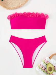 SHEIN Swim Summer Beach Flower Decor Strapless Bikini Top And Triangle Bottom Set Wireless Valentine - Red Violet - View 6