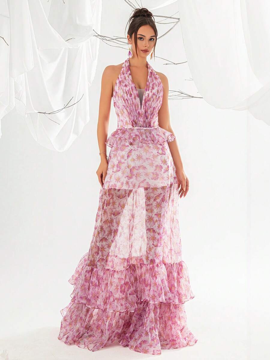 Floral Print Halter Neck Sheer Evening Dress For Women
