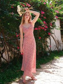 Women's Floral Printed Ruffle Trimmed Dress With Smocking Details, New Arrival For Summer - Pink - View 7
