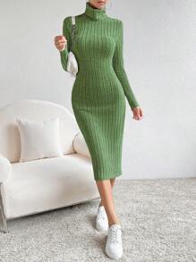 SHEIN Essnce Áo cao cổ Màu thuần Sọc Váy bodycon - màu xanh lá - Xem 5