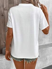 SHEIN LUNE Camiseta De Mujer De Manga Corta Con Diseño De Botones - Blanco - Ver 2