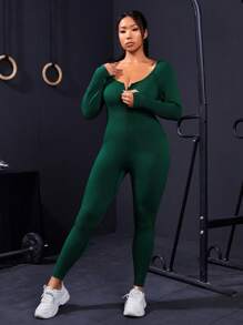 Easithlete Rozmiar Plus Bezszwowy Długi Rękaw Sportowy kombinezon - Ciemnozielony - Zobacz 4
