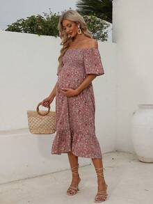 孕妇时尚碎花露肩褶皱连衣裙