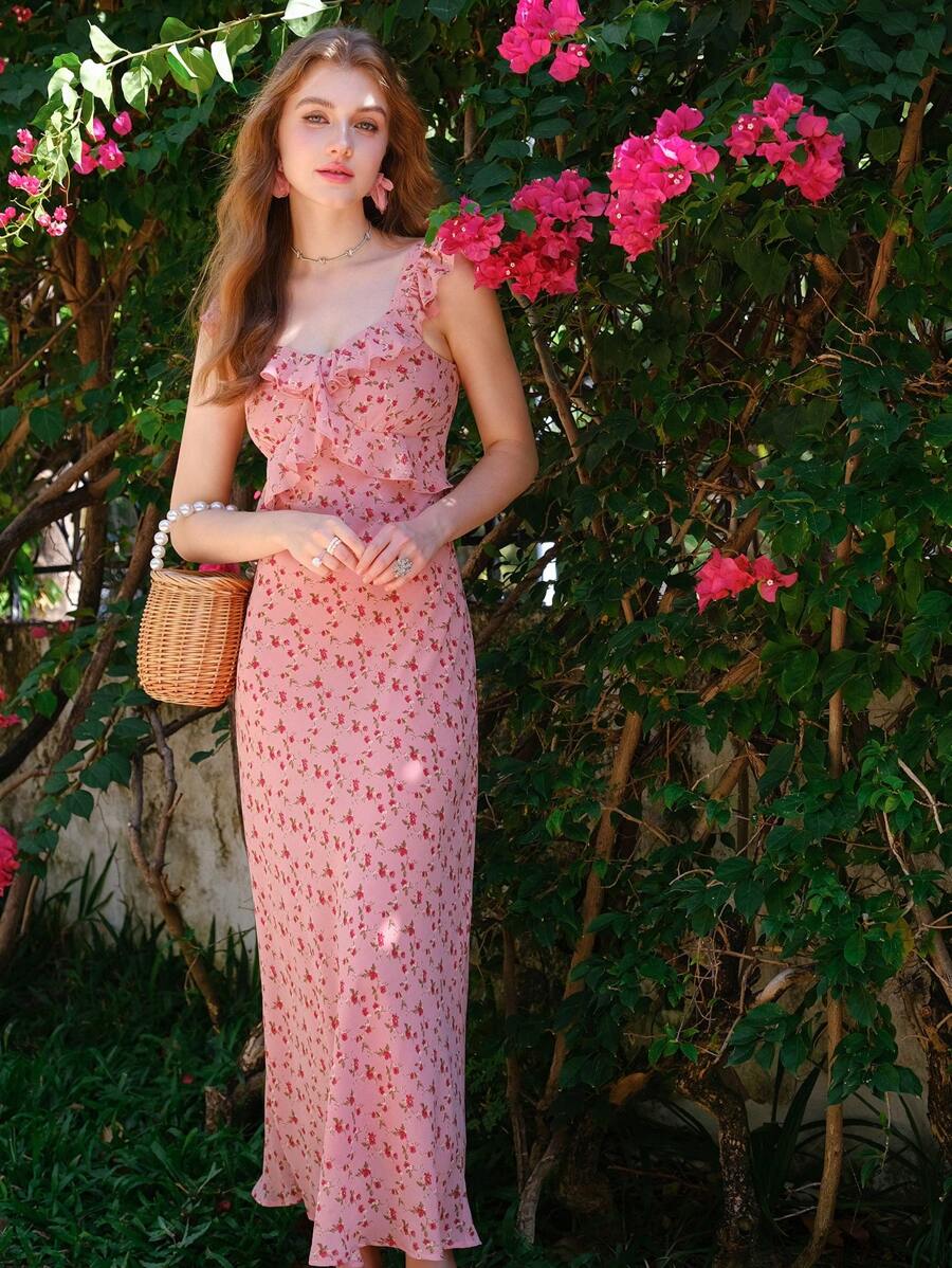 Women's Floral Printed Ruffle Trimmed Dress With Smocking Details, New Arrival For Summer - Pink - View 1