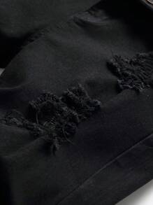 Manfinity Homme Shorts de mezclilla rasgados con cremallera y mosca para hombre en algodón en negro liso, estilo vintage para vacaciones con amigos - Negro - Ver 5