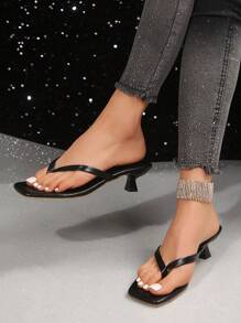 女士皮革尖頭高跟涼鞋,春夏季,性感中跟人字拖 - 黑色 - 查看 2
