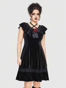 ROMWE Women's Gothic Style Velvet Dress With Ruffled Neckline And Hem - Black - View 6