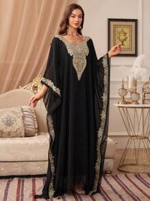 Sequin Embroidered Floral Trim Round Neck Batwing Sleeve Long Robe - Black - View 3