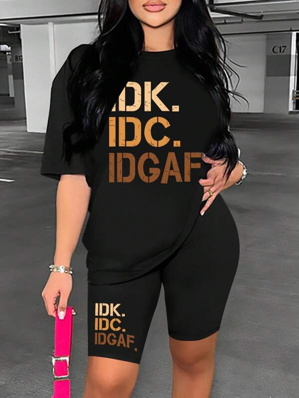 Women's Letter Print Fashion Versatile Short Sleeve T-Shirt And Shorts Set