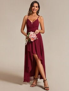 EVERPRETTY Deep V-Neck High Low Hem Pleated Chiffon Bridesmaid Cami Dress With Front Ruffle Detail - Burgundy - View 5