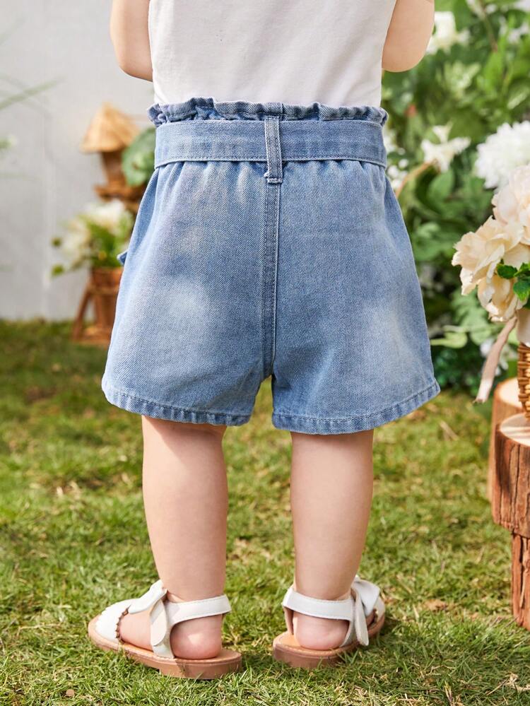 Baby Girl Basic Casual Vacation Style Light Blue Washed Denim Shorts With Flower Embellished Waistband, Pockets And Belt Loops