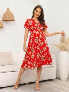 Maternity Fashionable Ditsy Floral Printed Dress - Red - View 4