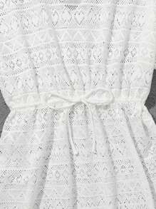 1pc Teen Girl Ivory Belted Hollow Heart Applique Drawstring Waist Maxi Dress, Mommy And Me Matching Outfits (2pcs Sold Separately)