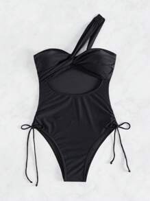 Swim Lushoire Summer Beach One Shoulder Hollow Out Drawstring Side Swimsuit - Black - View 4
