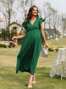 Fashionable Solid Color Ruffled Sleeve Maternity Dress - Green - View 4