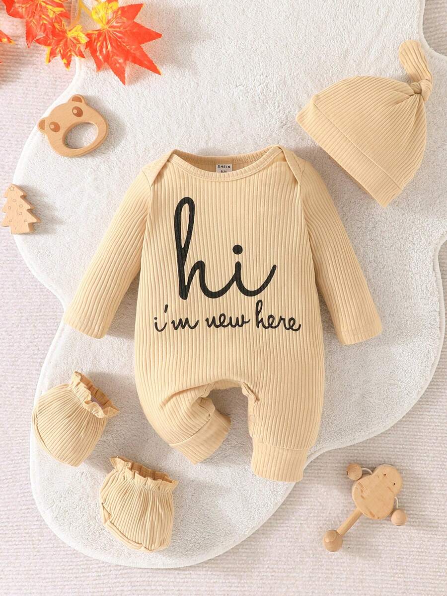 Newborn Baby Girl Cotton Padded Ribbed Printed Long Sleeve Hooded Jumpsuit - Apricot - View 1