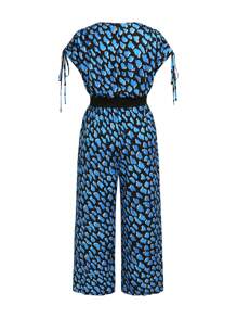 SHEIN LUNE Plus Size Round Neck Printing Self-Tie Waist Decoration Stylish Jumpsuits - Blue - View 2