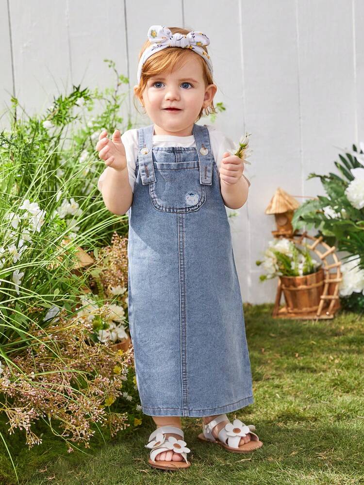 Baby Girl Basic Casual Denim Skirt With Cute Bear Embroidery, Adjustable Button Suspenders
