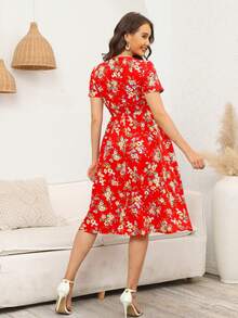 Maternity Fashionable Ditsy Floral Printed Dress - Red - View 2