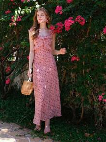 Women's Floral Printed Ruffle Trimmed Dress With Smocking Details, New Arrival For Summer - Pink - View 4