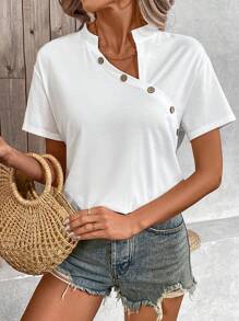 SHEIN LUNE Camiseta De Mujer De Manga Corta Con Diseño De Botones - Blanco - Ver 5