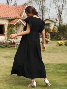 Vestido De Maternidad De Un Solo Color Con Mangas Con Volantes De Moda - Negro - Ver 2