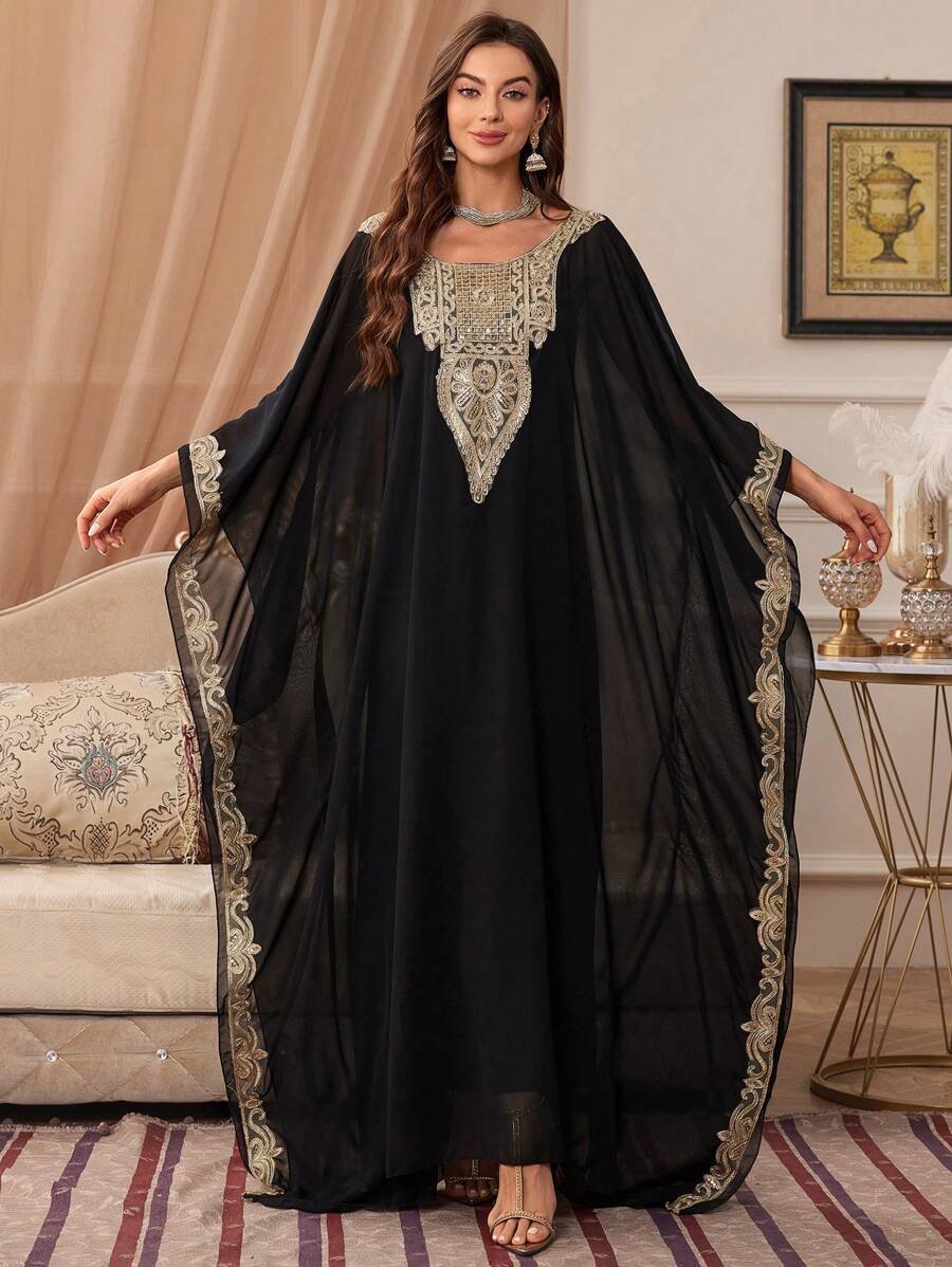 Sequin Embroidered Floral Trim Round Neck Batwing Sleeve Long Robe - Black - View 1