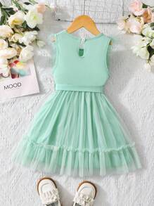 SHEIN Vestido De Niña Joven Verde Menta Con Detalles Delicados De Tul Esponjoso Y A Prueba De Plumas, Adecuado Para Ocasiones Elegantes - verde menta - Ver 2