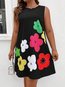 SHEIN Unity Plus Size Floral Pattern Casual Sleeveless Dress For Summer - Black - View 3