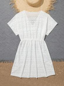 1pc Teen Girl Ivory Belted Hollow Heart Applique Drawstring Waist Maxi Dress, Mommy And Me Matching Outfits (2pcs Sold Separately)