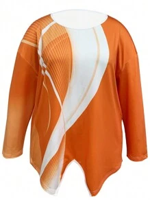 EMERY ROSE Plus Size Round Neck Long Sleeve T-Shirt With Split Hem - Multicolor - View 3
