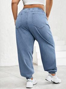 SHEIN CURVE+ 加大尺寸女性高腰彈性束口洗水運動牛仔褲 - 黑色 - 查看 2